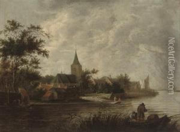 A River Landscape With Fishermen In Their Boats And Figures On A Ferry, A Church Beyond Oil Painting - Roelof van Vries
