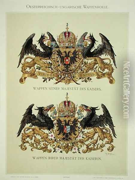 Plate with the coats of arms of Emperor Franz Joseph I 1830-1916 and Empress Elizabeth of Bavaria 1837-98 from Heraldischer Atlas by the artist, 1899 Oil Painting - Strohl, Hugo Gerard