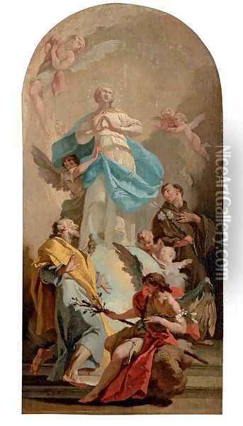 The Immaculate Conception with Saints Joseph and Anthony, in a painted arched top Oil Painting - Giovanni Battista Pittoni the younger