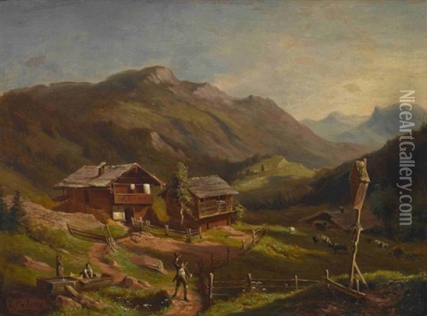 Almhutte In Gebirgslandschaft Oil Painting - Adolf Ernst Meissner