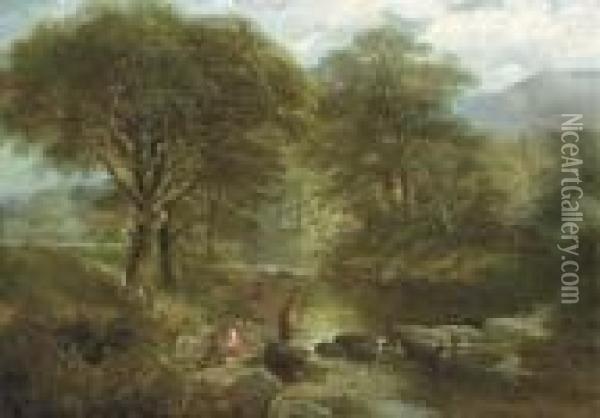 Figures By A River In The Woods Oil Painting - Thomas Creswick