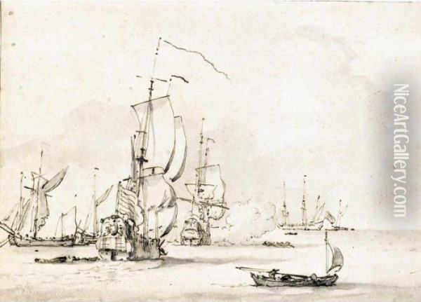 Ships From The Dutch Fleet And Small Supply Vessels, In A Stiff Breeze Oil Painting - Willem van de, the Elder Velde