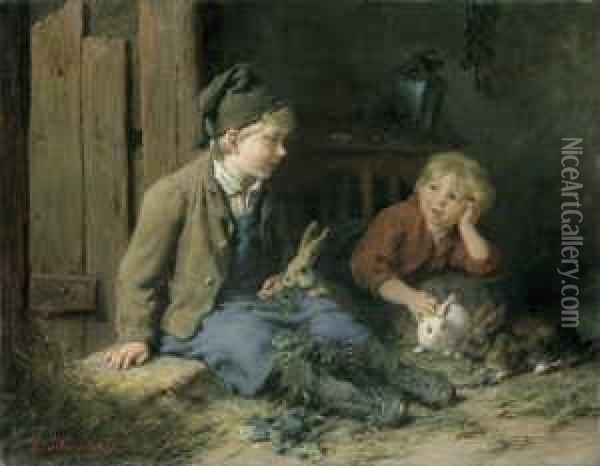 Zwei Kinder Mit Kaninchen Spielend. Oil Painting - Felix Schlesinger