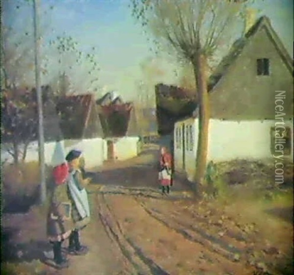 Gade I Abbednaes Ved Gauno, Tre Legende Piger Oil Painting - Hans Andersen Brendekilde