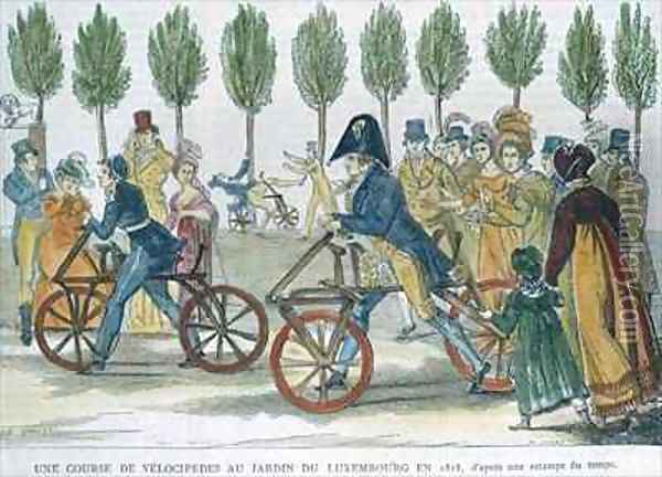 A velocipede race at Jardin du Luxembourg in 1818 Oil Painting - Duvaux, Jules Antoine