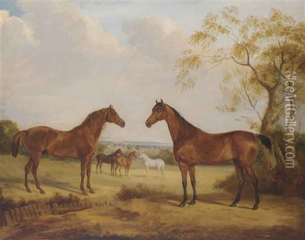 The Duke Of Wellington's Copenhagen; Sir John Water's Bitter'; The Duke Of Wellington's Chestnut Mare And White Arabian... Oil Painting - William Webb
