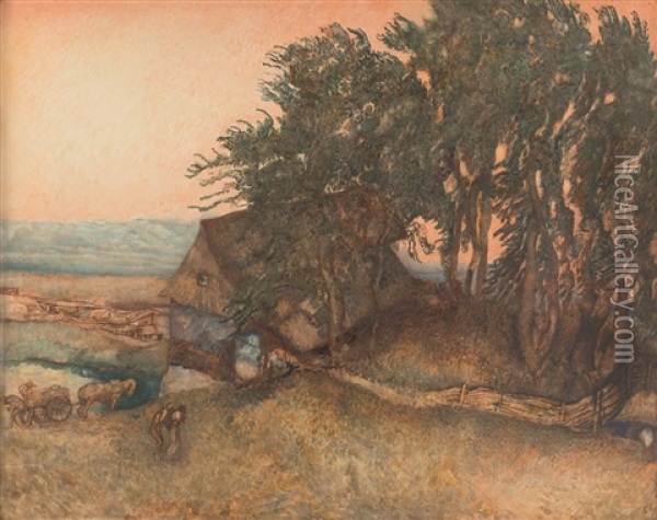 Landschaft Mit Bauernhaus (bad Eichwald Bei Teplitz-schonau) Oil Painting - Rudolf Jettmar