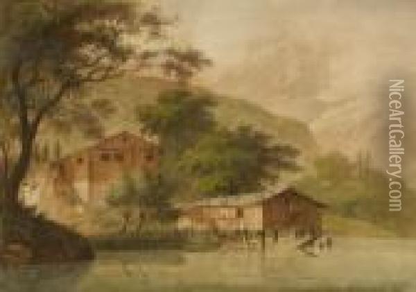 Fischer- Und Bootshaus Am
 Vierwaldstattersee. Oil Painting - Johann Heinrich Bleuler I