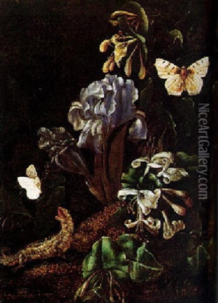 Still Life Of A Forest Floor With Flowers, Lizard And Butterflies Oil Painting - Isac Vromans