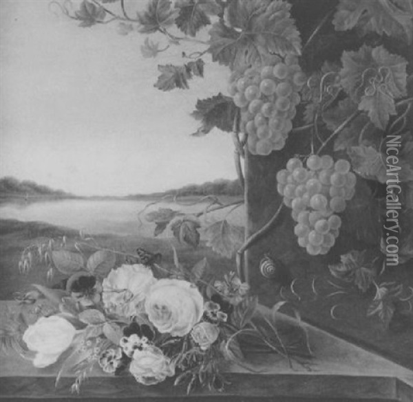 Nature Morte Au Bouquet De Fleurs Et Aux Grappes De Raisins Oil Painting - Jan Frans Van Dael