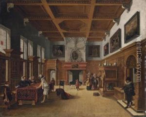 An Interior With Elegant Company Playing Backgammon Oil Painting - Bartholomeus Van Bassen