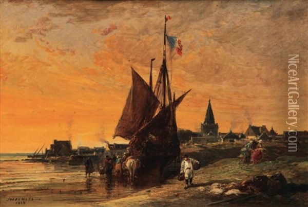 Le Debarquement De La Peche, Harmor Pres Lorient Oil Painting - Jules Achille Noel