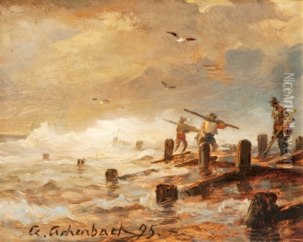 Hafenarbeiter Bei Sturmischer Brandung Oil Painting - Andreas Achenbach