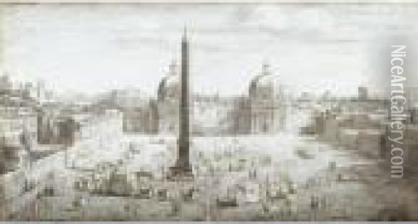 View Of Piazza Del Popolo Oil Painting - (circle of) Wittel, Gaspar van (Vanvitelli)
