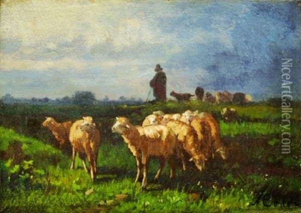Berger Et Son Troupeau Oil Painting - Antonio Cortes Cordero