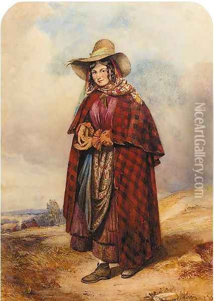 A young gypsy girl standing in a field Oil Painting - Octavius Oakley