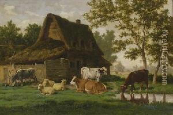 Kuhe Und Schafe Vor Dem
 Bauernhaus. Oil Painting - Louis Coignard