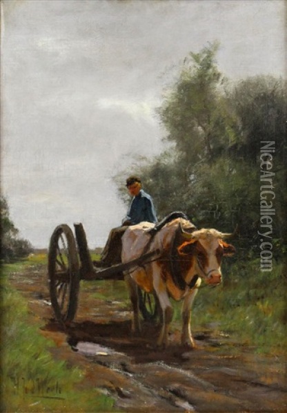 Man In An Ox Cart Oil Painting - Herman Johannes van der Weele