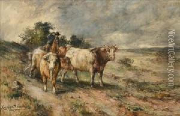 Bringing The Cows Home, An Eastern Shore Farm Oil Painting - Lucien Whiting Powell
