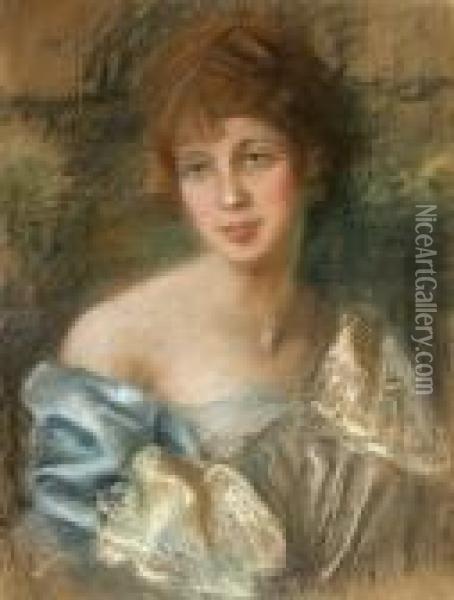 Portret Mlodej Kobiety W Blekitnej Sukni, Ok.1920-25 Oil Painting - Teodor Axentowicz