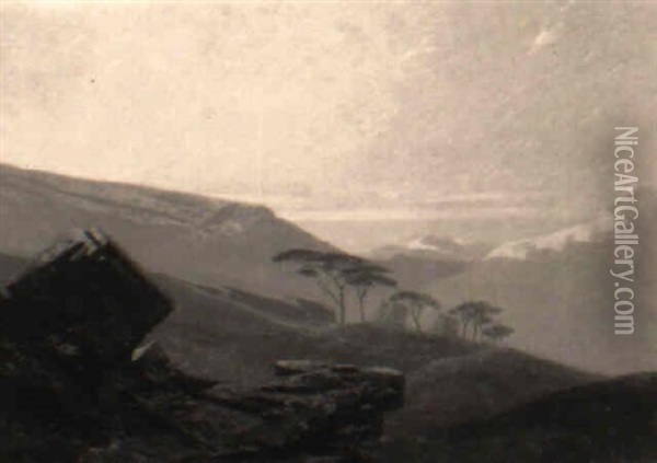 Bergige Landschaft Mit Pinien Bei Neapel Im Abendlicht Oil Painting - Johann Andreas Herrenburg