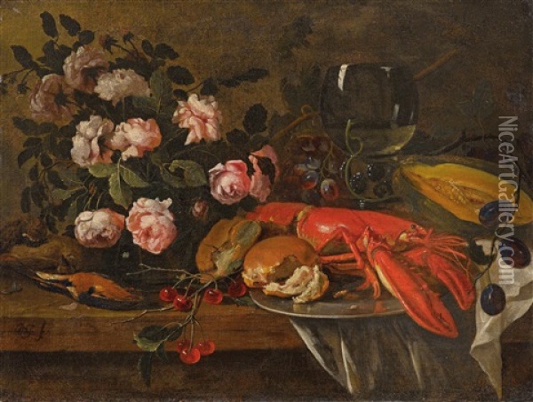 A Still Life With A Lobster And Roses In A Vase Oil Painting - Adriaen de Gryef