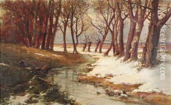Winterlandschaft Mit Baumgesaumtem Bachlauf Oil Painting - Yuliy Yulevich (Julius) Klever