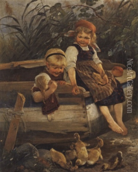 Kinder Futtern Entenkuchen Oil Painting - Karl Raupp