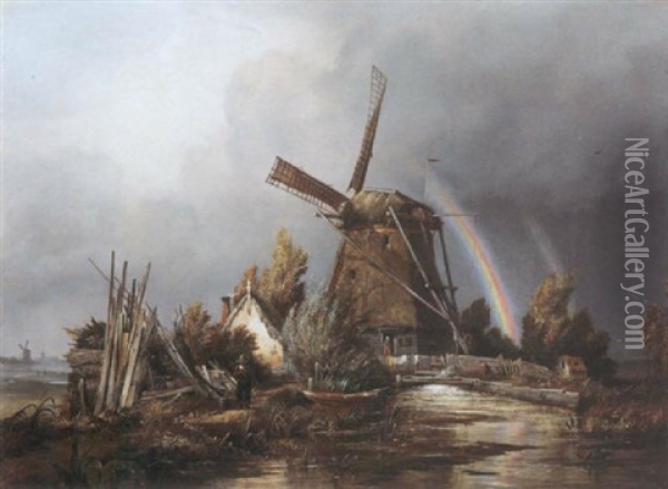 Dutch Draining-mill At Nieuwersluis, Near Utrecht Oil Painting - Edward William Cooke