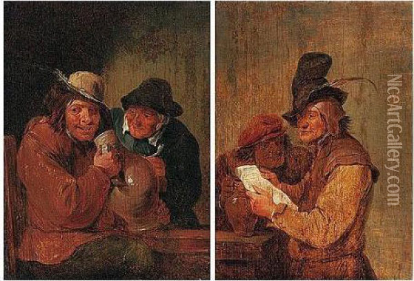 Two Boors Drinking And Reading A Letter At A Table Oil Painting - David The Younger Teniers