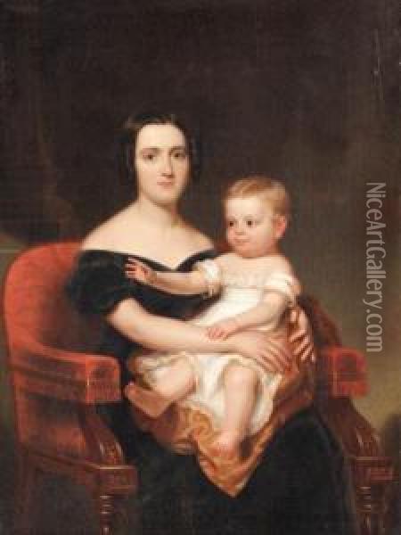 Portrait Of Frances Pierpont Raymond Hunt And Daughter, Franceshelen Hunt, Age 2 Oil Painting - Frederick R. Spencer