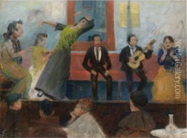 Cafe Cantante, Madrid (scene From The Imperial Cafe, Madrid) Oil Painting - Dario de Regoyos y Valdes