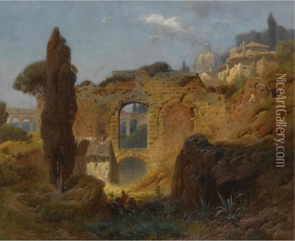 View Of The Ruins At Taormina, Sicily Oil Painting - Ferdinand Knab