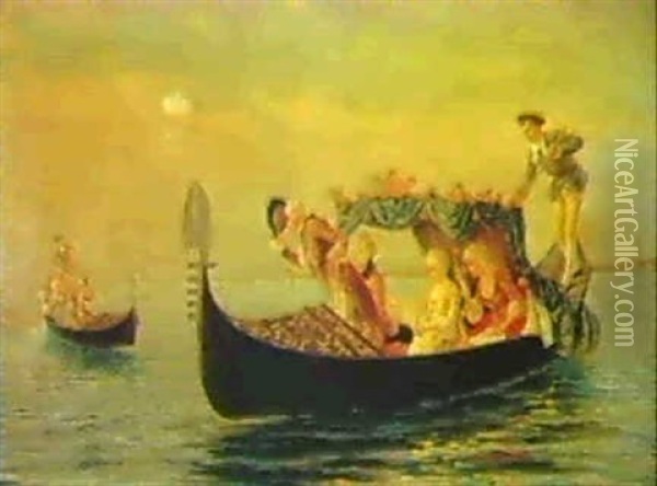 Courtiers In Gondolas, Venice Oil Painting - Pietro Gabrini