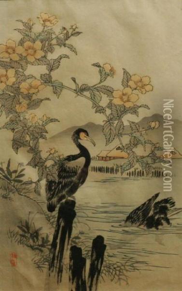 Two Cormorants Oil Painting - Kono Bairei
