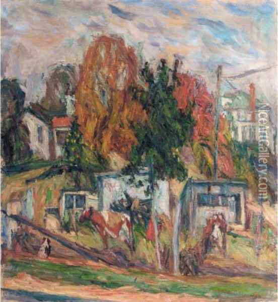 Village In Autumn, With City Street Painted On Reverse Oil Painting - Abraham Manievich
