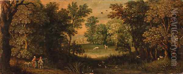 Peasants on a path by a pond in a wood Oil Painting - Maerten Ryckaert