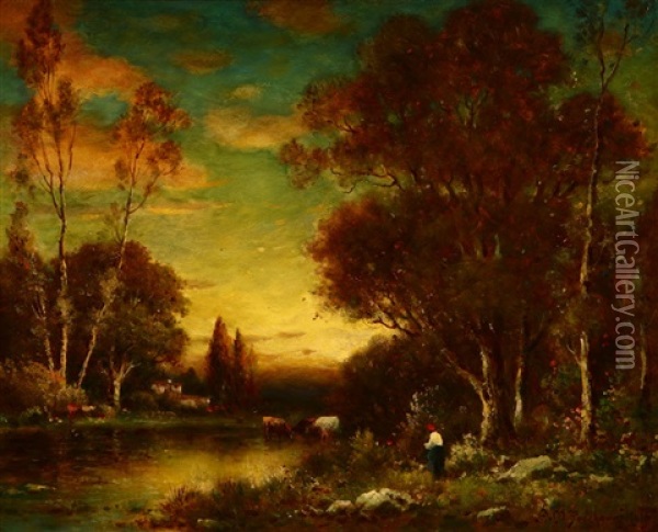 Figures Tending To Cattle Watering At Sunset Oil Painting - Alexis Matthew Podchernikoff