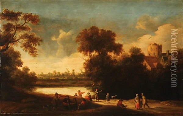 Landscape With Figures And Distant Windmill And Buildings Oil Painting - Joost Cornelisz. Droochsloot