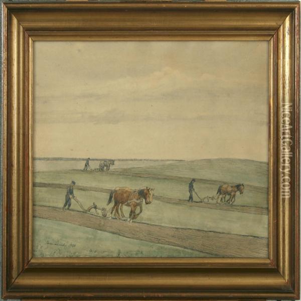 Field Scenery With Farmers Oil Painting - Soren Lund