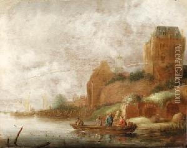 A River Landscape With Fishermen In A Rowboat On A River Oil Painting - Maerten Fransz. Van Der Hulft