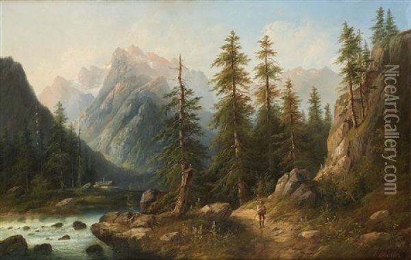 Promeneur Au Bord De La Cascade Sur Fond De Paysage Montagneux Oil Painting - Eduard Boehm