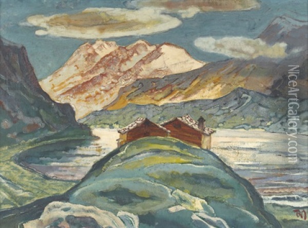 Berglandschaft Mit See Oil Painting - Gustav Wiethuechter