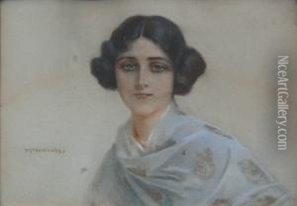 Aniela (portret Kobiety W Jedwabnym Szalu) Oil Painting - Piotr Stachiewicz