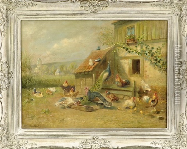 Geflugelhof Mit Pfau, Truthahn, Enten U. Huhnern Oil Painting - Carl Fey
