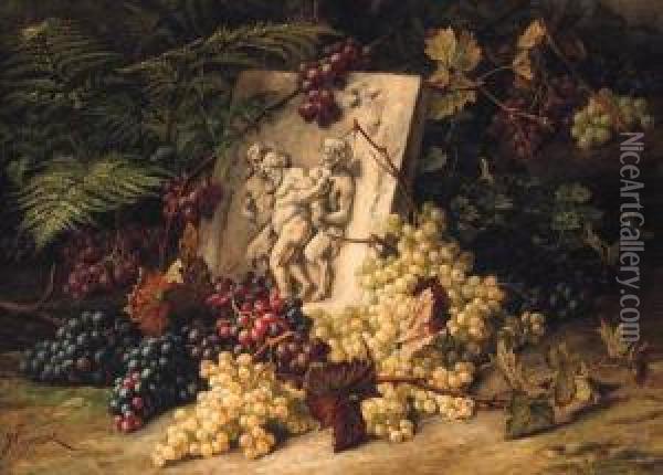A Stone Relief Depicting The Drunken Silenus Amidst Grapes Oil Painting - Jean Capeinick