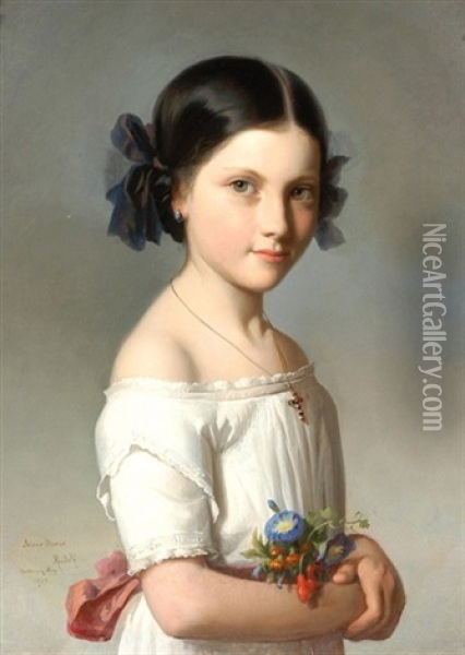 Bildnis Eines Madchens Mit Blumen Im Arm Oil Painting - Rudolf W. A. Lehmann