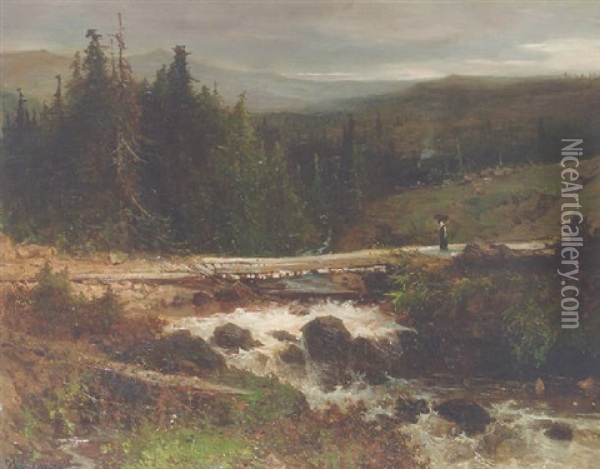 A Hilly Landscape With A Bridge Over A Cascade Oil Painting - Johannes Warnardus Bilders