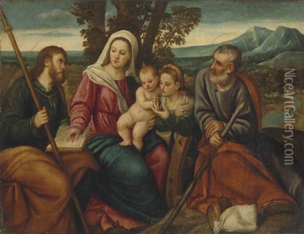 The Holy Family With Saints Catherine Of Alexandria And James The Greater Oil Painting - Bonifazio de Pitati