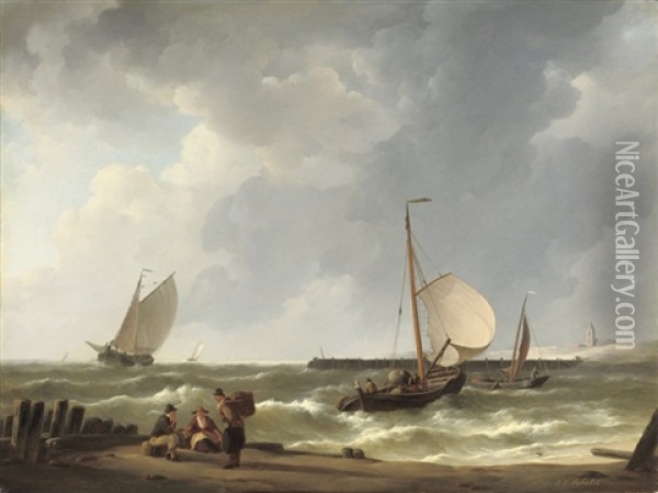 Woelende Zee: Sailing Vessels Approaching A Shore Oil Painting - Johannes Christiaan Schotel